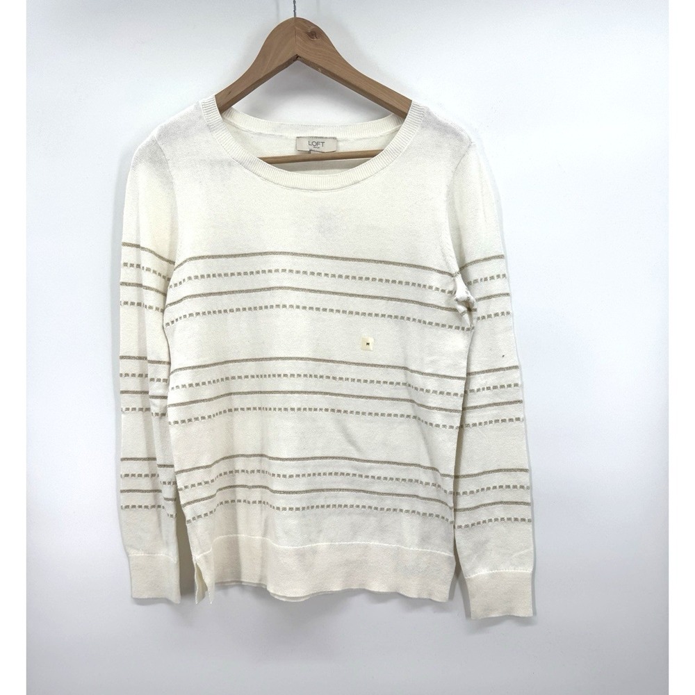 New Loft Women Medium Sweater Sparkle Striped Lightweight Cotton Coastal Cottage